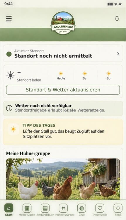 Deine Hühner. Dein Überblick. Unsere neue kostenlose Hühner-App. 4 Originalansicht der Startseite der LANDLEBEN.BIO Hühner-App
