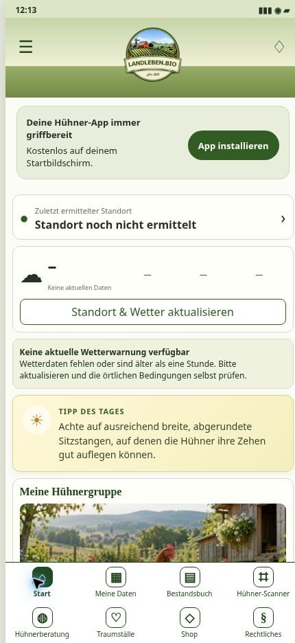 Hühner-App 2 Originalansicht der Startseite der LANDLEBEN.BIO Hühner-App